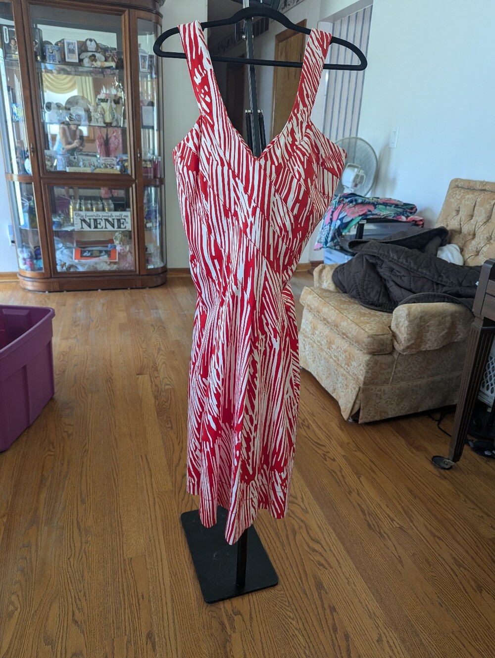 Calvin Klein Red and White Patterned Sleeveless Dress